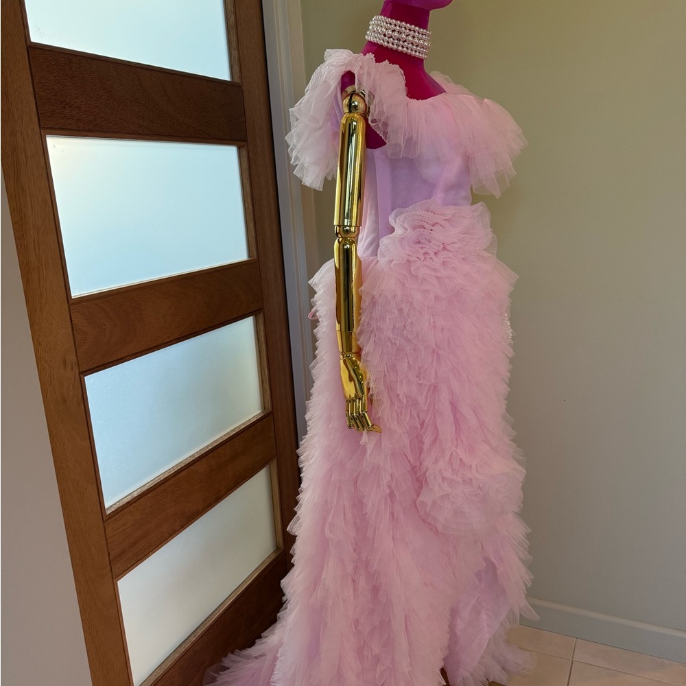 Pink Ruffled Off the Shoulder Prom
Dress with High Slit!  💗 - Picture 8 of 16
